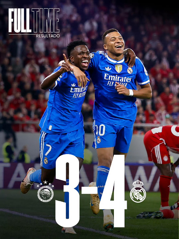 欧冠-皇马4-3奥林匹亚科斯 姆巴佩大四喜 维尼修斯助攻双响